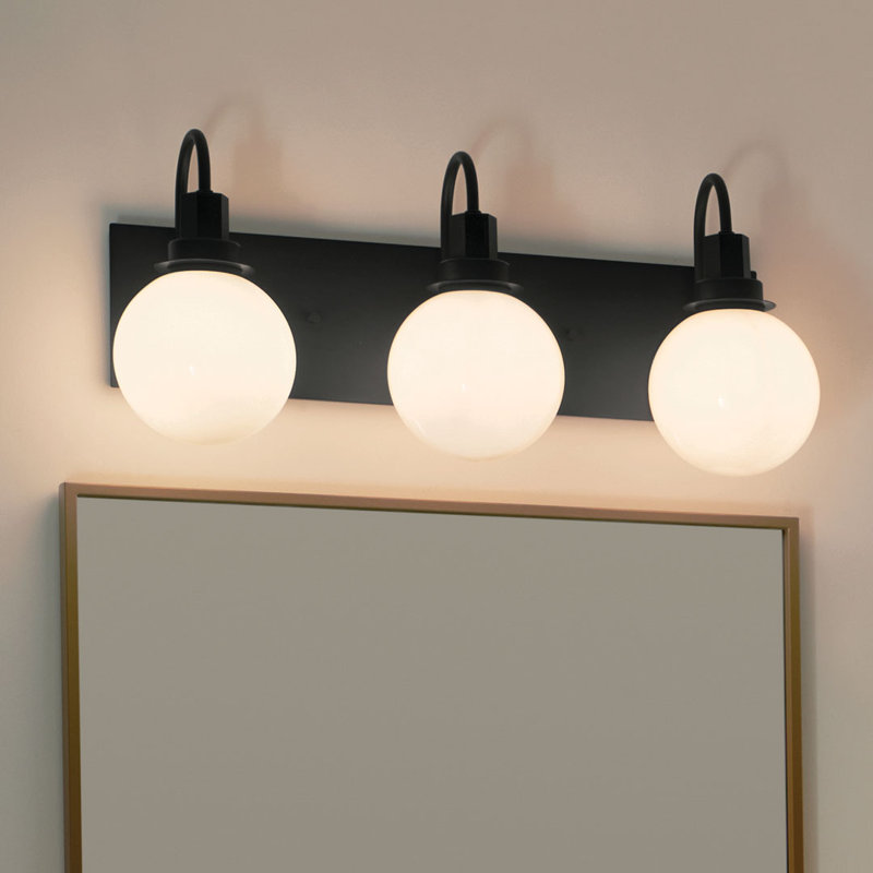 3-Light Black Vanity Bath Light with Opal Glass Shades, Black