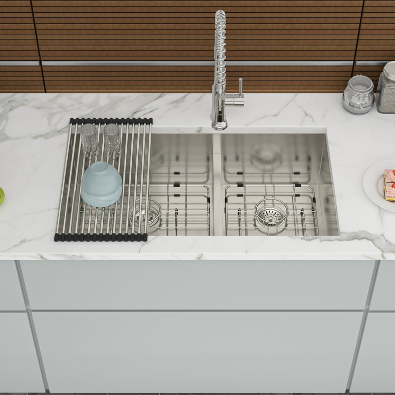 16 Gauge 28"X19" 60/40 Double Bowl Undermount Kitchen Sink, 10" Deep Basins, Rear 3.5 Drain, X Grooves For Efficient Drainage, 3Mm Sound - Absorbing Pads, Condensation , Package With Drying Rack,