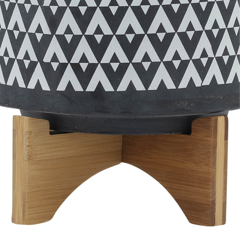 CERAMIC 8" AZTEC PLANTER ON WOODEN STAND, GRAY, 9" H x 8" W x 8" D