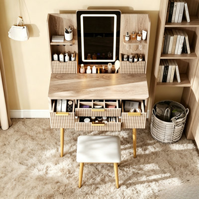 Bohemian-Style Dressing Table, Equipped With LED Illuminated Mirror, 4 Drawers, Multi-Tier Open Shelves, And Cushioned Stool, Featuring Carved Natural Wood Tones Paired With Metal Legs, Is Both Fashionable And Sturdy