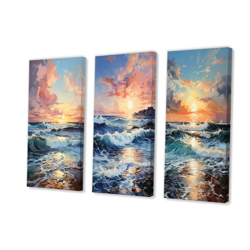 Plage, lever de soleil, horizon tranquille - océan, ensemble de 3 reproductions d'art mural, Toile tendue, H 28 po x l 36 po