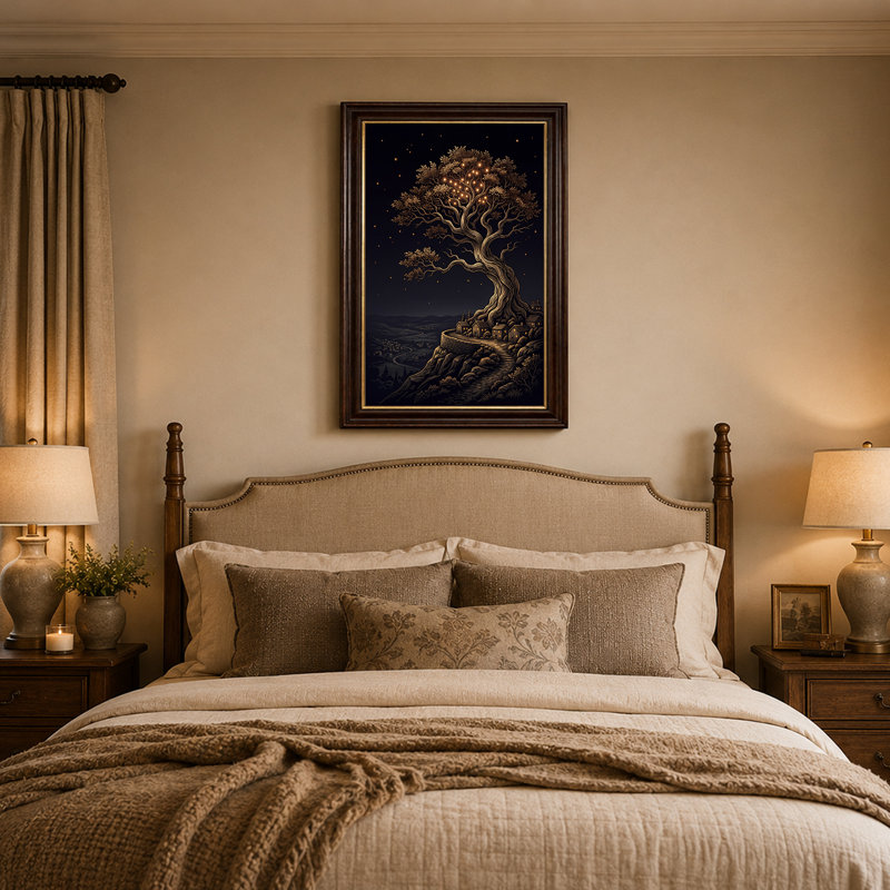 «Night Tree with Glowing Lights And Cliffside Village», art mural sur toile, 18"H x 12"W