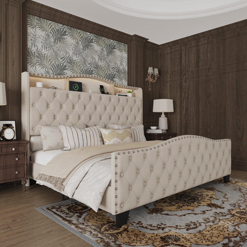 Lit plateforme capitonné capitonné avec lumière, Beige, King