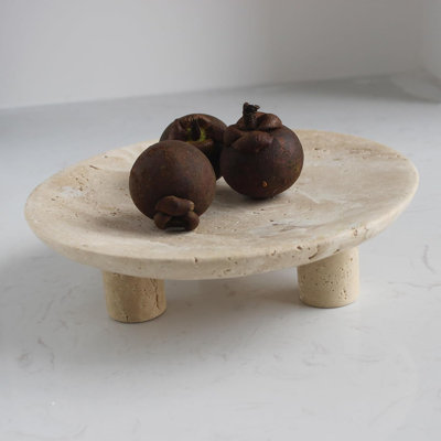Handmade Travertine Fruit Bowl For Kitchen Counter 10", Large Decorative Bowl For Home Decor, Modern 3-Legs Serving Plate, Key Bowl For Entryway