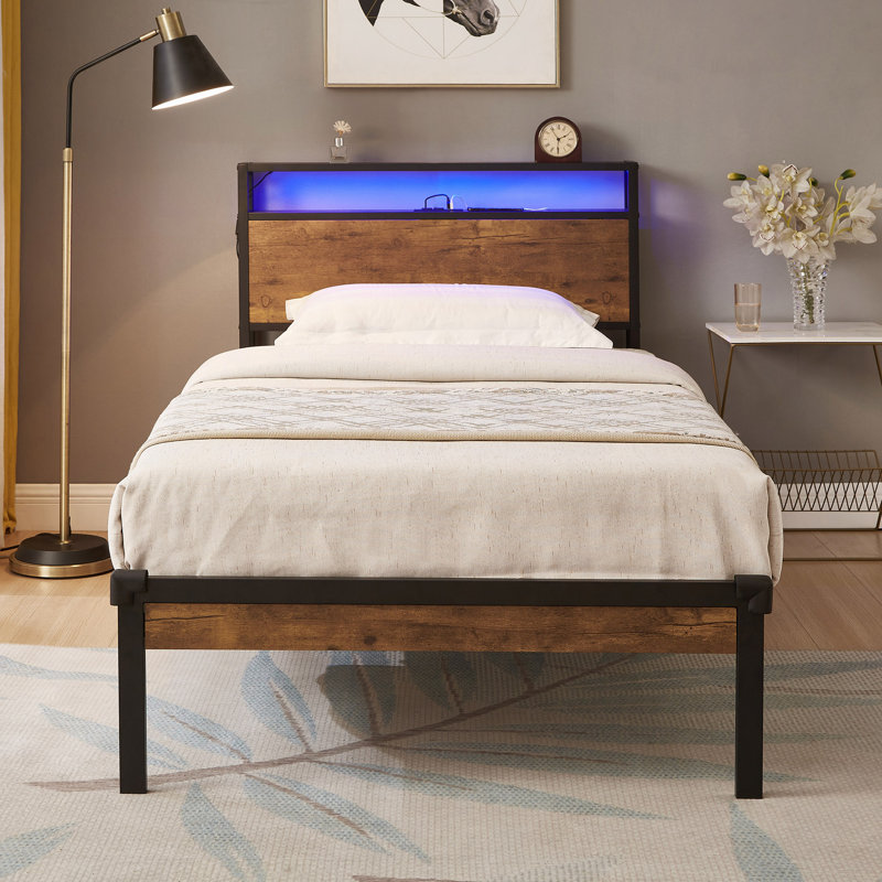 Metal Platform Bed Frame With Wooden Headboard And Footboard With USB LINER, LED Lights ,No Box Spring Needed, Large Under Bed Storage, Easy Assemble