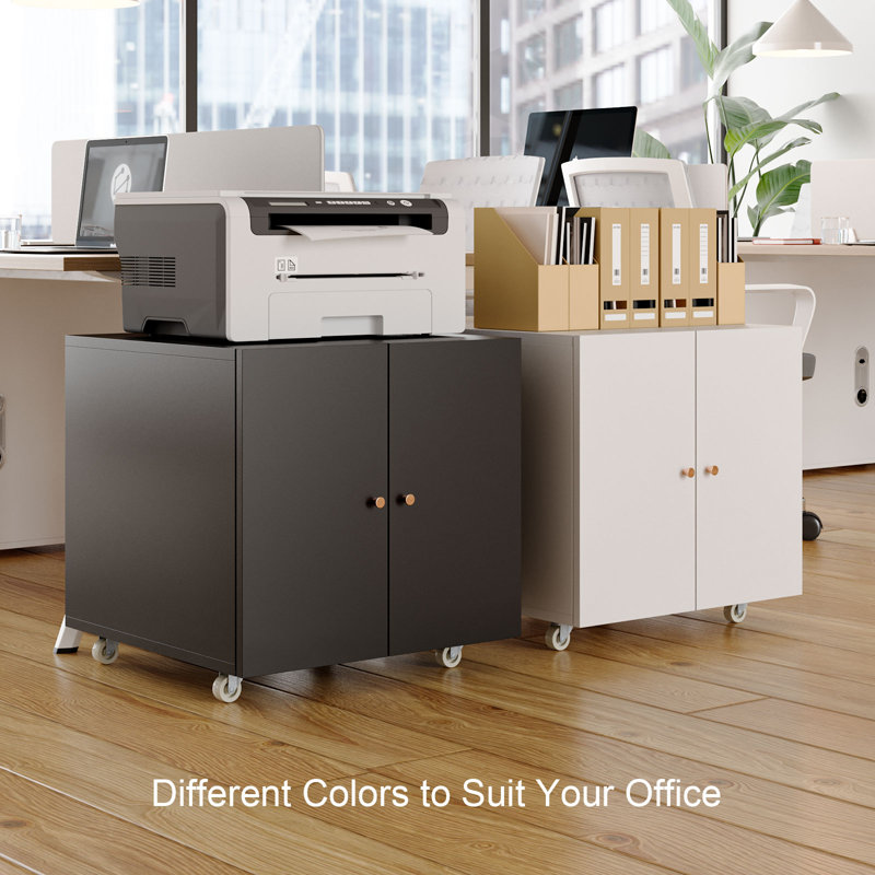 White Metal Mobile Printer Stand with Storage Cabinet