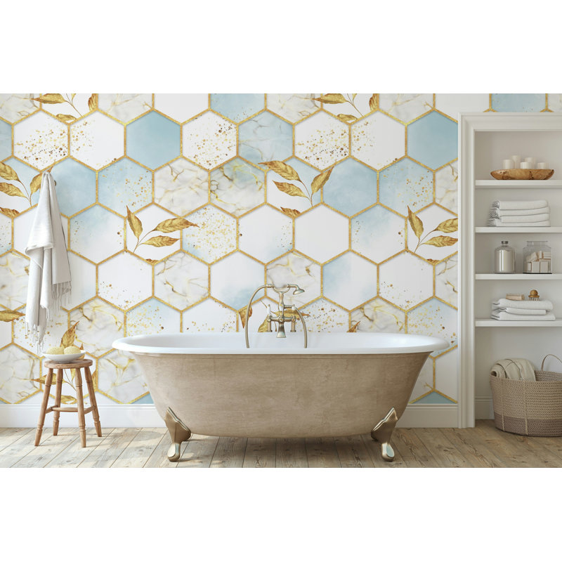 Papier peint à motif de feuille d'or hexagonal bleu, L 100 po x l 150 po