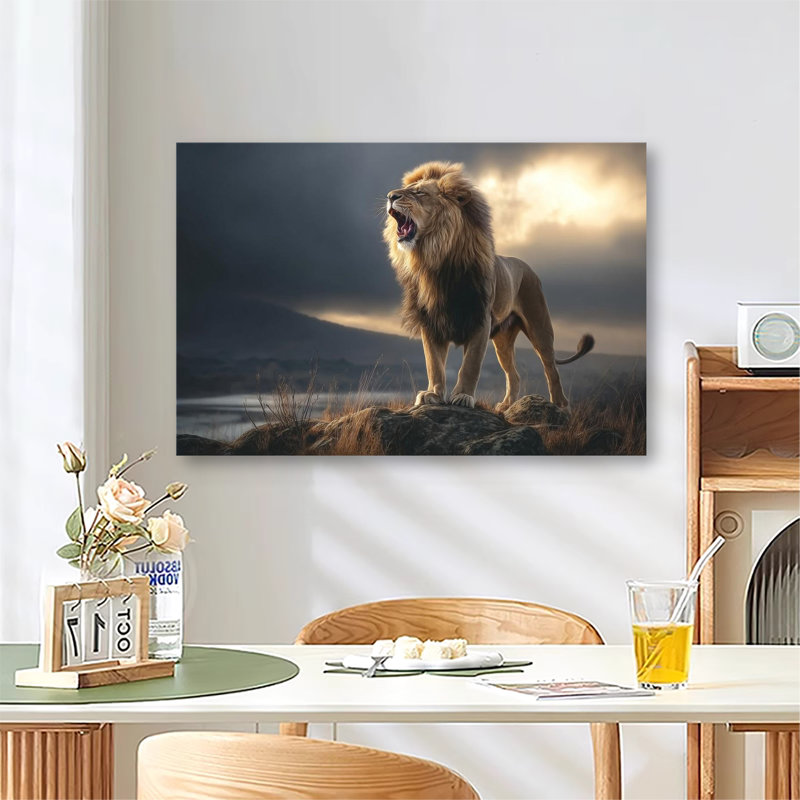 «Roaring Lion Under Dramatic Sky», grande reproduction d'art sur toile tendue pour salon et chambre à coucher, 28x40in