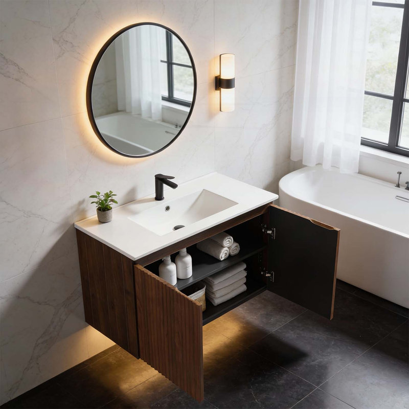 Armoire murale pliante en noyer de 30 pouces avec lavabo en céramique, installation en 1 minute, économie d'espace, assemblage facile, style moderne