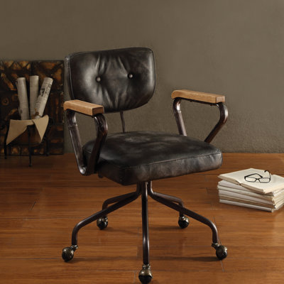 Confortable fauteuil de bureau pivotant de style rétro - cuir noir, garniture cloutée, 5 sièges