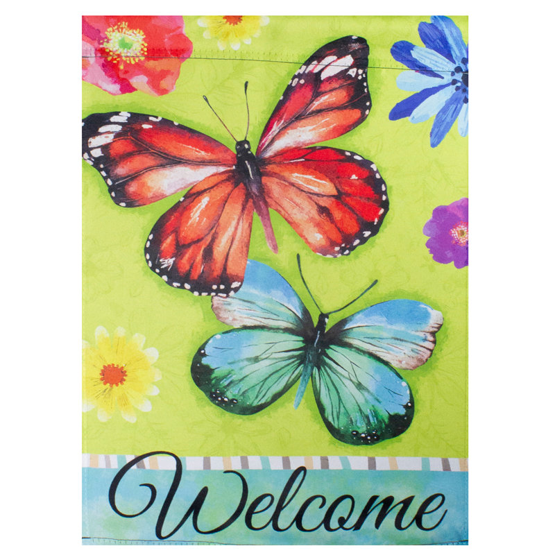 Drapeau floral d'extérieur Welcome Butterflies, H 18 po x l 12,5 po