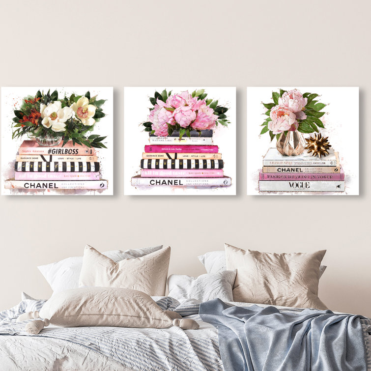 Doll Memories Doll Memories - Pink Blush Flowers SET, Chic Floral Books  Modern White On Canvas 3 Pieces by Oliver Gal Print