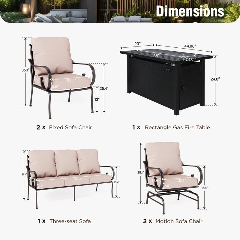 Argyri 7 Person Outdoor Patio Seating Set with 2 Rocking Lounge Chairs & Optional Firepit Table, Yes