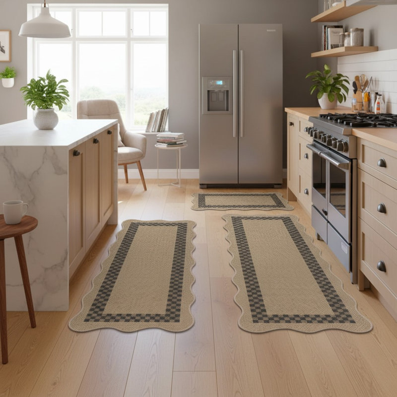 Non-Slip Scalloped Kitchen Rug Set 3PCS, Washable Low-Profile Jute Mats
