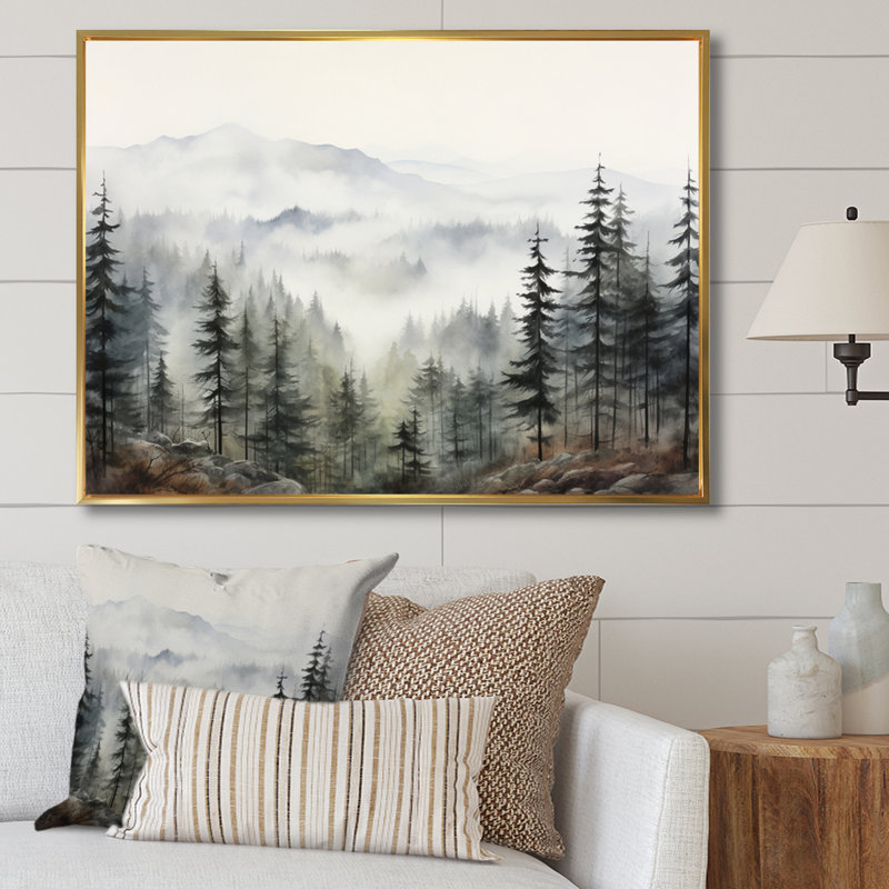«Pine Misty Mountain II» sur toile, H 34 po x l 44 po, Reproduction avec cadre flottant, Or