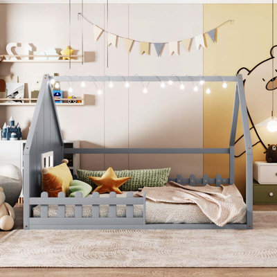 Wood House Bed with Window and Fence