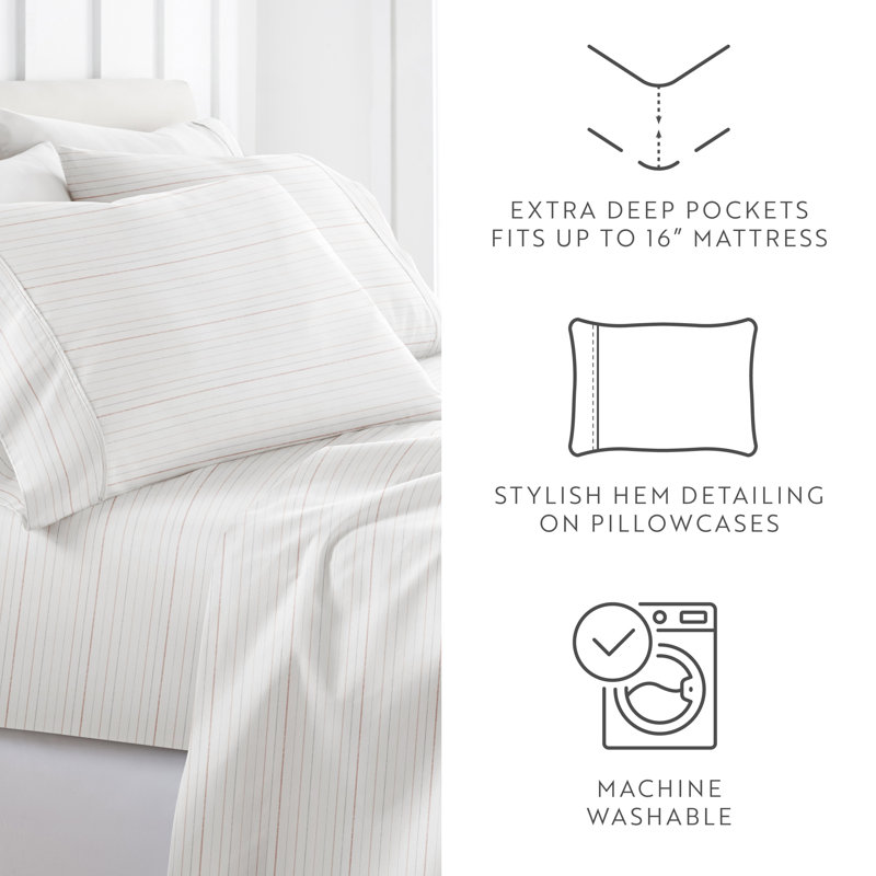 Ensemble de draps en microfibre ultra douce, Rayures terre cuite, Ensemble de draps pour lit double avec 2 taies d'o
