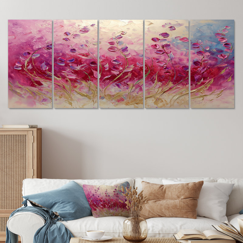 Fleurs violettes - Beauté sauvage dépliée II - Violettes - Art mural traditionnel 5 pièces, H 32 po x l 80 po