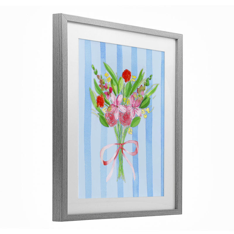 «Blue Bouquet & Bow», reproduction sous verre, conception de Nina Jacobs, H 21 po x l 17 po, Cadre de ferme gris