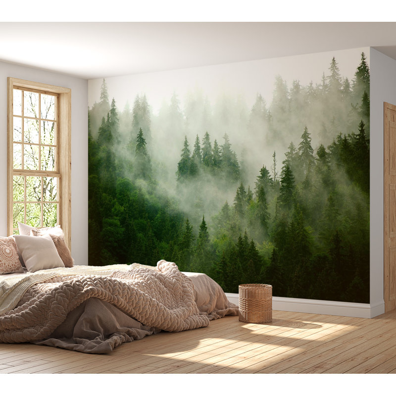 Murale paysage Amirh Peel & Stick - Misty Mountains, L 115 po x L 82 po, Vert/blanc