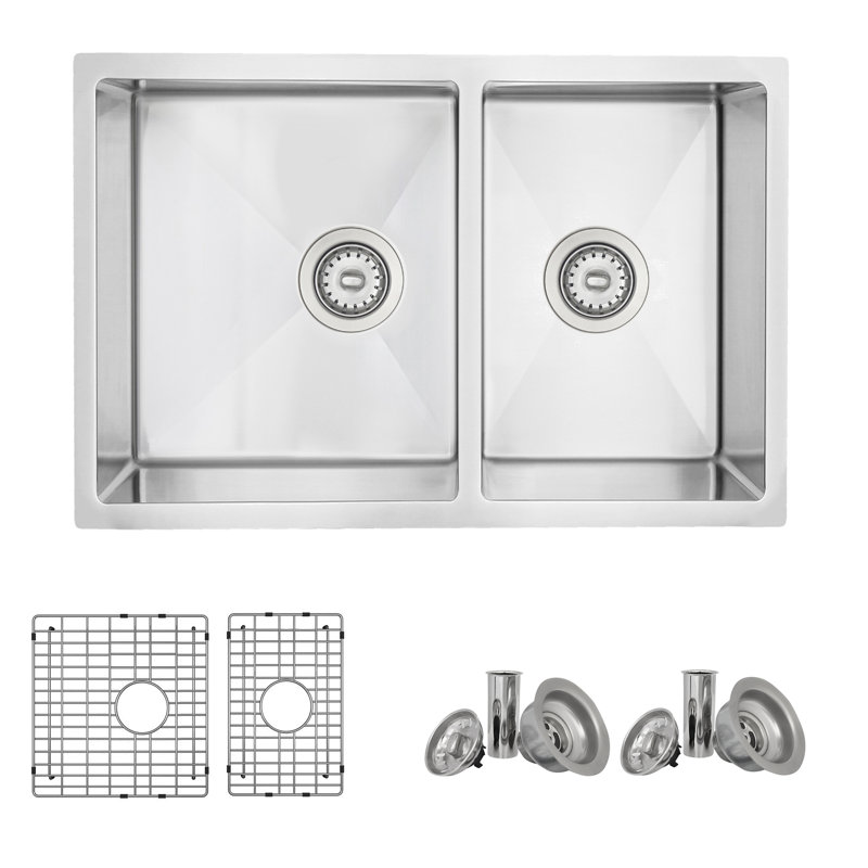 Stylish 28" Stainless Steel Double Bowl Undermount Kitchen Sink