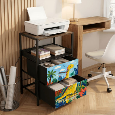Table de chevet 2 tiroirs avec station de charge, table de chevet pour chambre avec ports USB et amp; Outlets, tablette de chevet ouverte noire, avec un joli dessin de dinosaure jaune