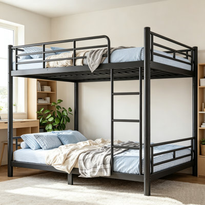 Lit superposé double au-dessus de double en métal, lit superposé rond à bruit réduit avec garde-corps, lit superposé convertible 2-en-1 sans sommier pour adultes