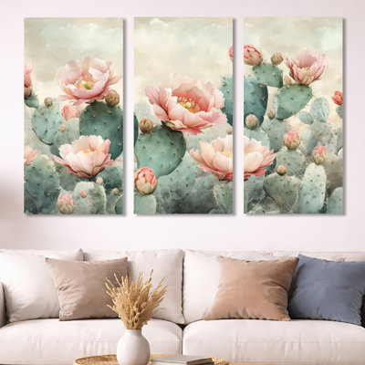 «Blush Cactus Desert Bloom I», ensemble d'art mural sur toile botanique vert