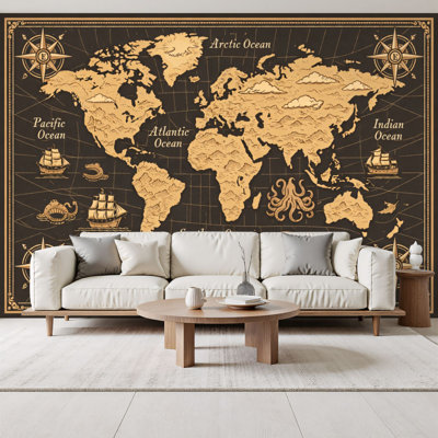 Kids Learning Peel and Stick Wallpaper for Classroom Antique World Map Oceans Nautical Illustrations Wall Murals 69"H x 96"W Removable PVC Wall Paper Self-Adhesive Wall Decor for Bedroom Nursery