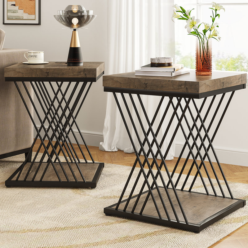 25.6'' Tall Square End Table Set, Grey Top/Black Base