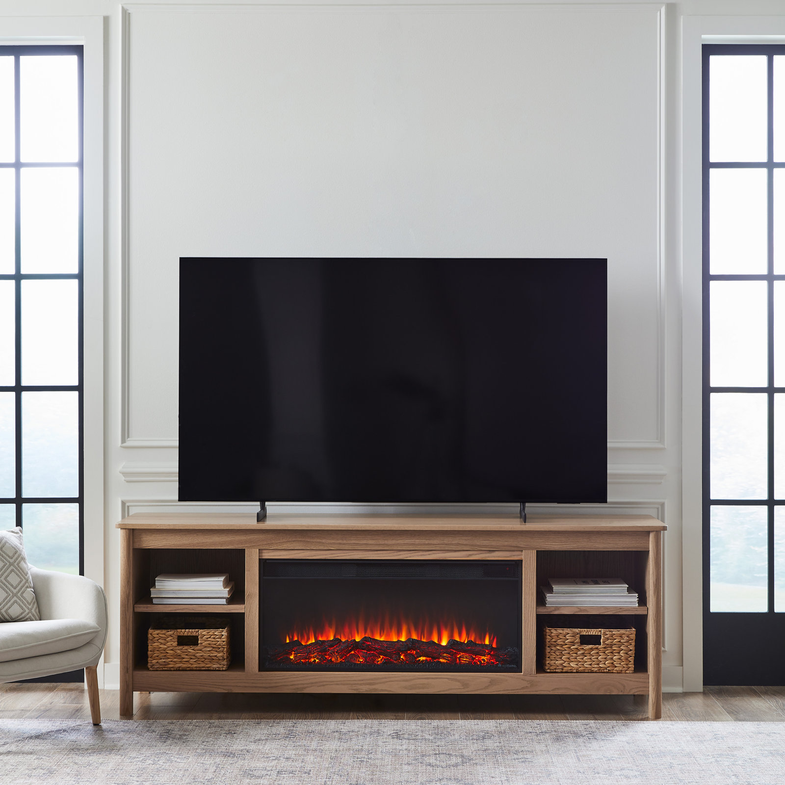 Bridgeway 81" Electric Fireplace TV Stand, Light Oak