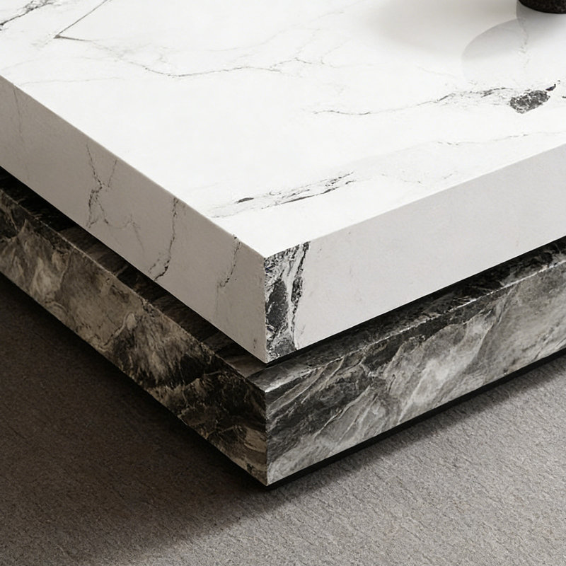 Table basse carrée sur pied avec plateau, Blanc / Gris, H 13,77 po x L 39,37 po x l 39,37 po, Noir