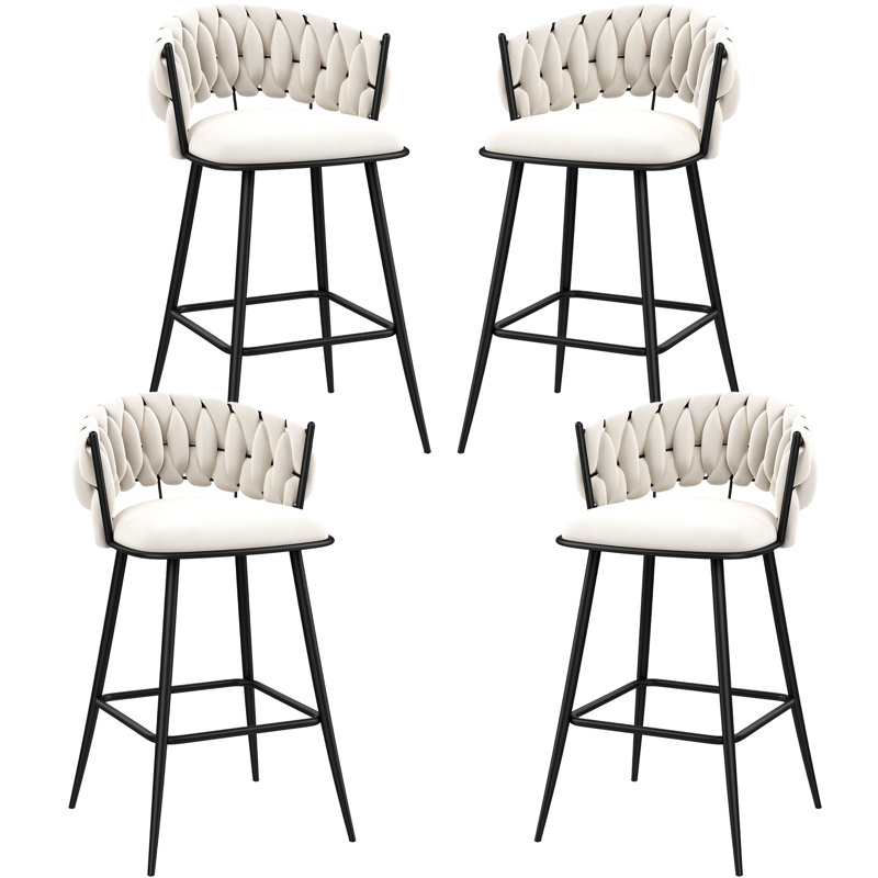 Upholstered Counter & Bar Stool With Curved Weaving Design (Set Of 4), Counter Stool (24” Seat Height), Ivory