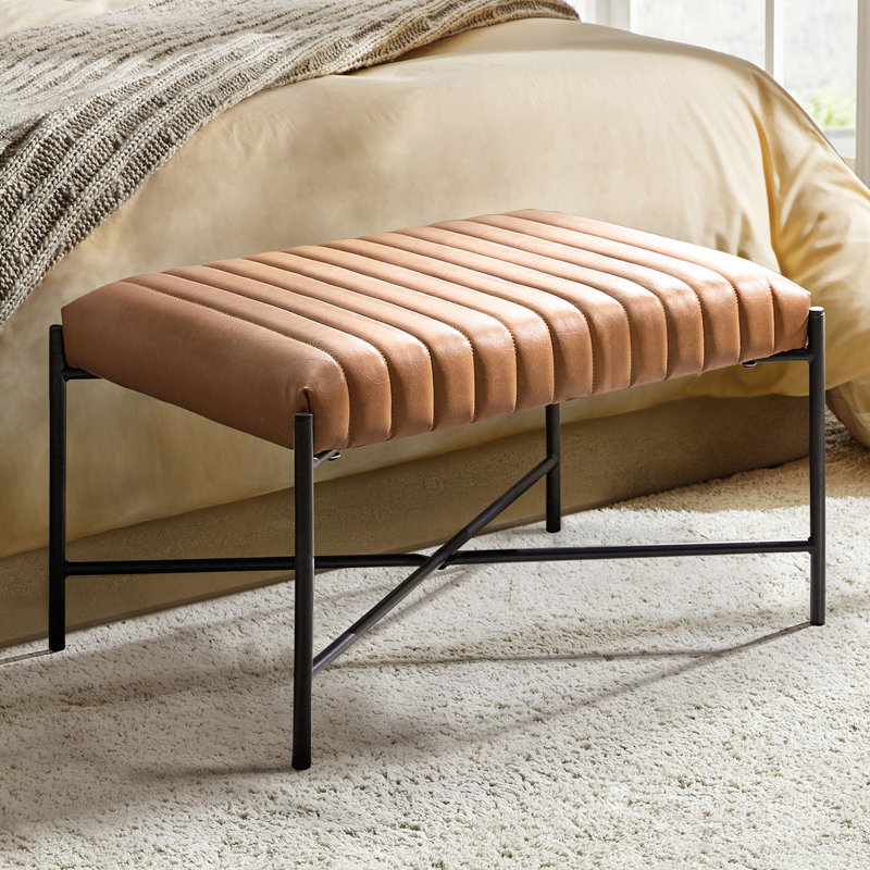 Channel Tufted Industrial 30" Wide Faux Leather Bench, Camel