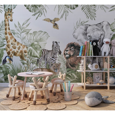 Adhésif mural animaux de la jungle tropicale tropicale | Papier peint lion éléphant girafe zèbre | Non-tissé ou pelez et collez