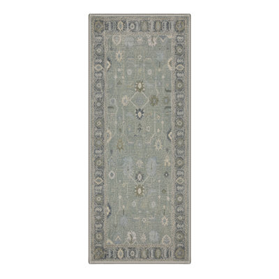 Machine Washable Oriental Blue / Gray Runner With Non-Slip Backing