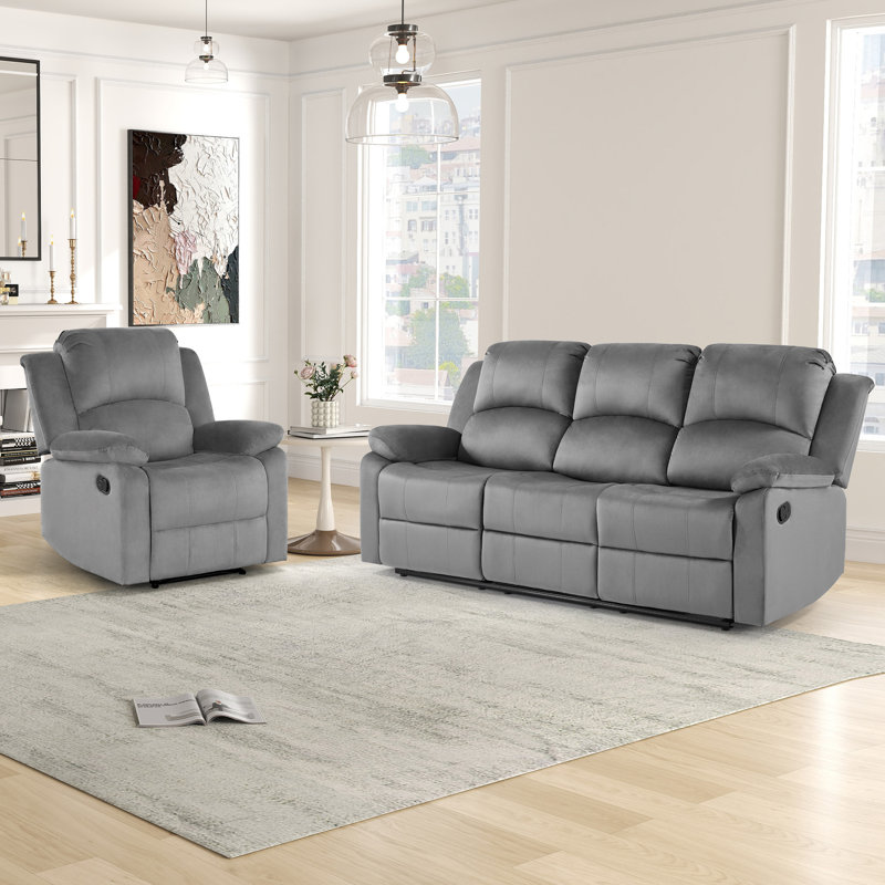Ensemble de salon inclinable manuel en microfibre 2 pièces Llanos avec fauteuil inclinable et canapé élégant, Gris