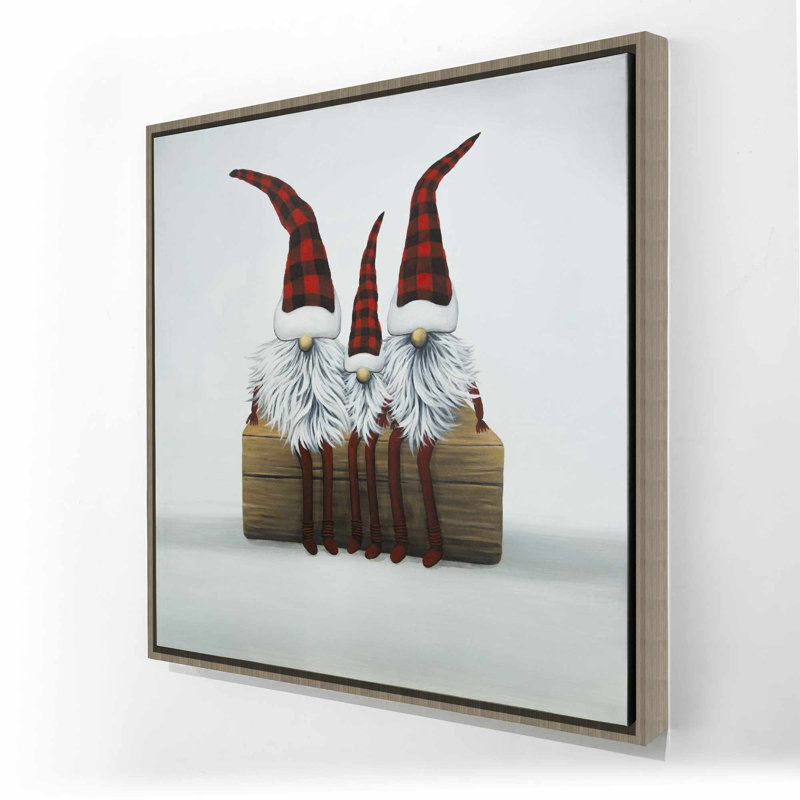 Rustic Pattern Holidays Framed Canvas - Three Christmas Gnomes