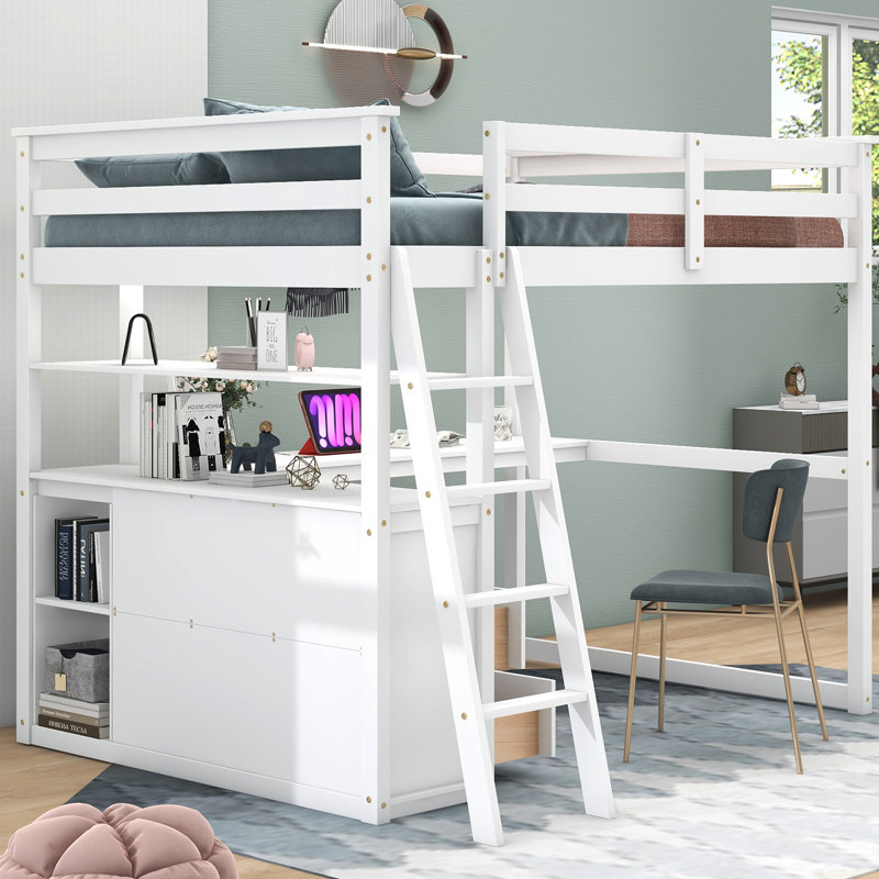 Lit mezzanine double en bois avec bureau et 2 tiroirs Hadi, Blanc