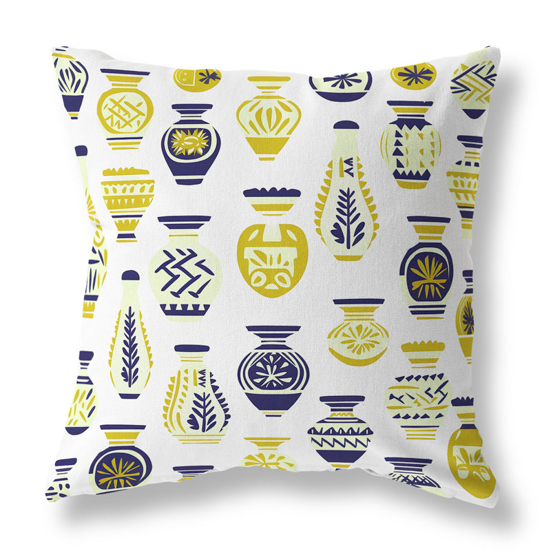 Coussin décoratif intérieur / extérieur Mystical Pottery, Blanc / or / indigo, H 16 po x l 16 po