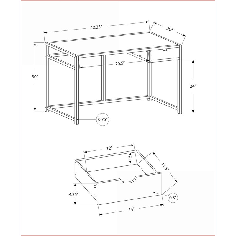Bureaux, bureau d'ordinateur de L 42 po avec tiroir de rangement, stratifié blanc aspect marbre contemporain & amp; Métal noir | Blanc | Panneau de fibres à densité moyenne