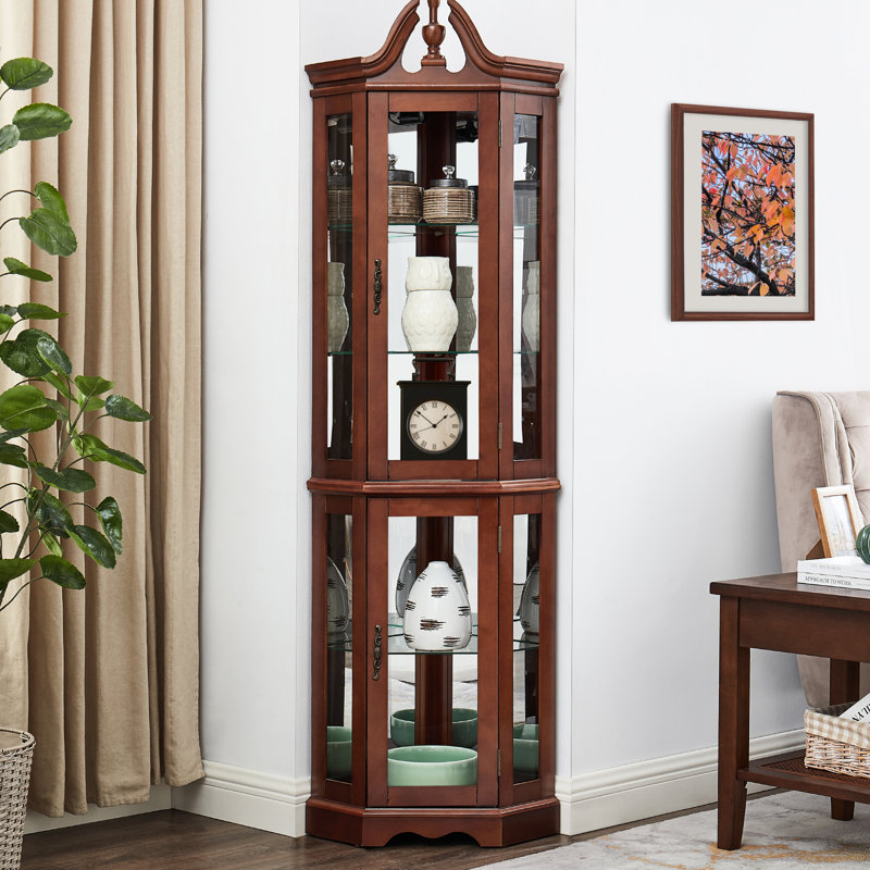 Vitrine en noyer avec lumières, tablettes réglables et tablettes à miroir, lumières intérieures
