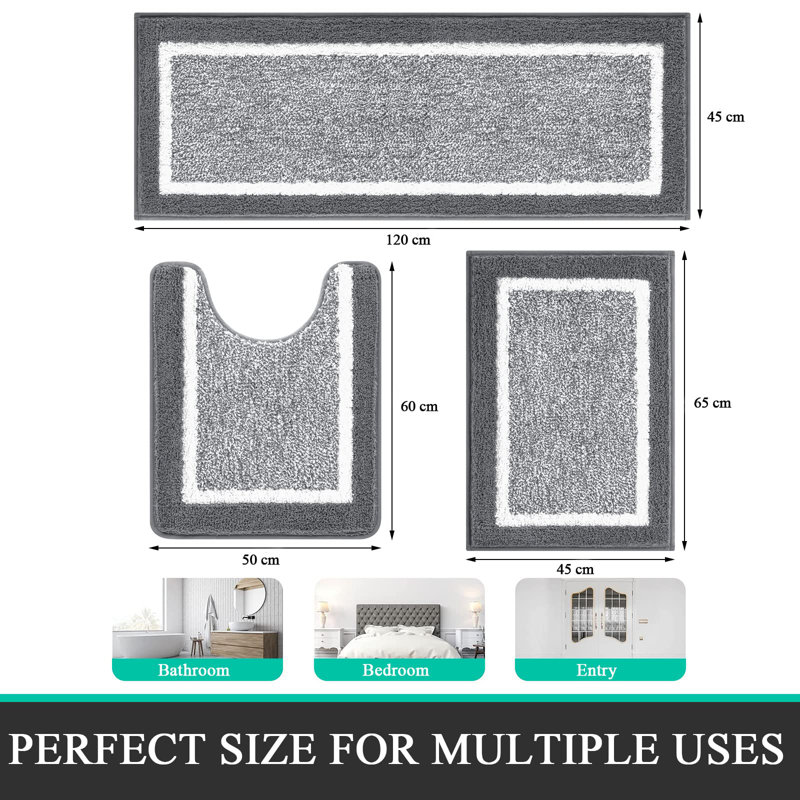 Ultra Soft 3-Piece Set Rectangle Bath Rug, Dark Grey