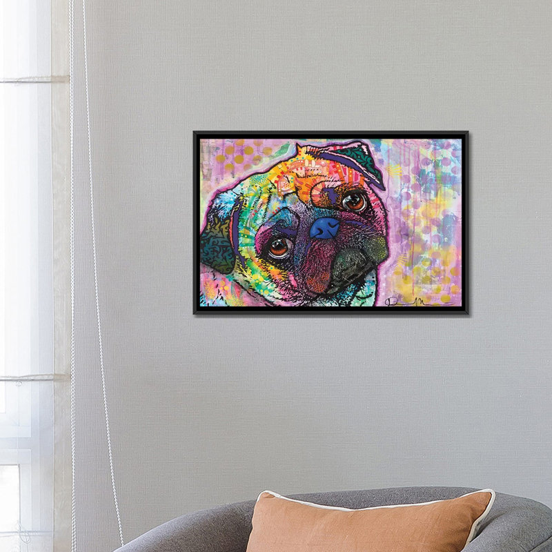 Pug Love - impression sur toile tendue, H 18 po x l 26 po x P 1,5 po, Toile avec cadre flottant noir