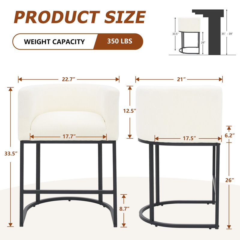 26" Upholstered Barrel Counter Stool, White, 4, Black