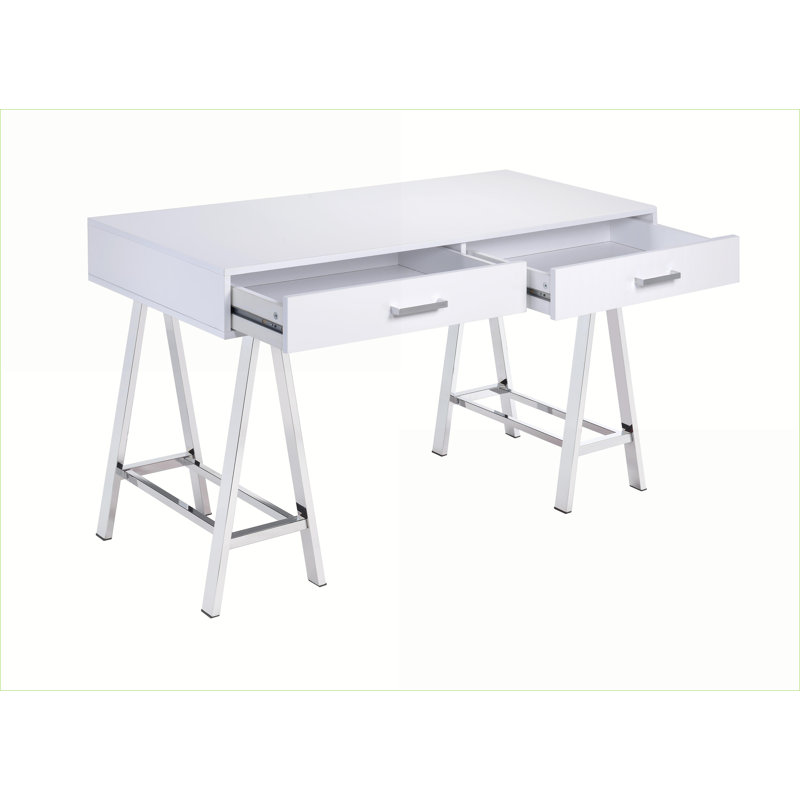 Bureaux d'écriture avec port USB, blanc brillant et amp; Finition chromée, 2 tiroirs | Chrome | Blanc, Blanc