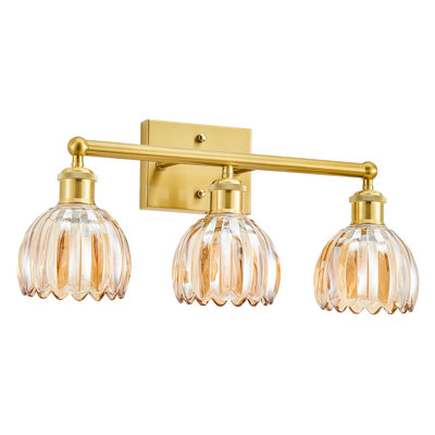 3-Light Gold Vanity Light Wall Light Over Mirror With Amber Tulip Glass Shade