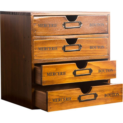 Stackable Apothecary Cabinet 4 Drawer Desk Organizer - Vintage Library Card Catalog Wood Storage Box - Office Desktop Dresser For Stationery, Thread Embroidery, Sewing, Crafts, Junk Drawer & Supplies