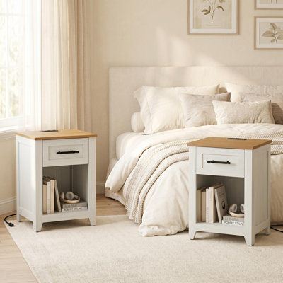 Farmhouse Nightstand set of 2 with 1 Drawer and Open Compartment, Side Table with Charging Station, End Table with Storage Shelf for Bedroom, Living Room, Color-Blocking, 2PCS