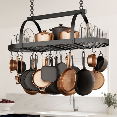 Grand support à casseroles 48 po avec organisateur de couvercle, support à casseroles ovale robuste pour la cuisine sur îlot avec 20 crochets, noir mat
